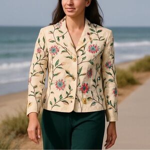 Y2K DANIEL K COTTON BLEND BROCADE CREAM & COLORFUL FLORAL EMBROIDERED JACKET XL